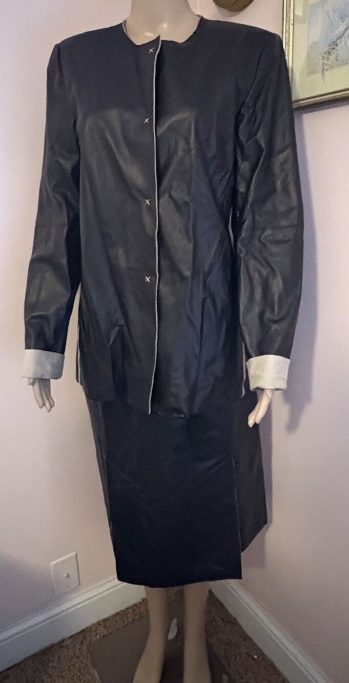 VTG Oscar De La Renta Black 100% Leather Jacket Midi Skirt Suit Set 8/10